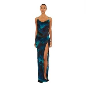 Rat & Boa Rafinha Dress Large Blue Green Maxi Sheer Slip Cowl Neck Slit